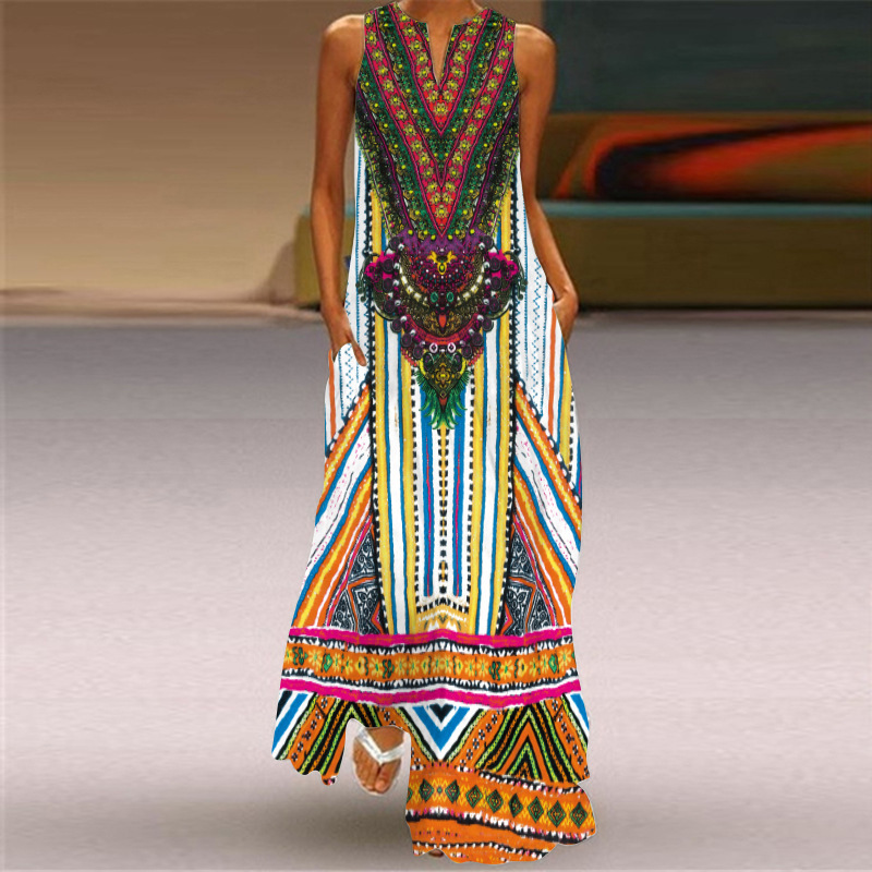 2026 Amazon European and American New Style Women's Retro Printed Long Dress V-Neck Sleeveless Pocket Summer Sexy Dress