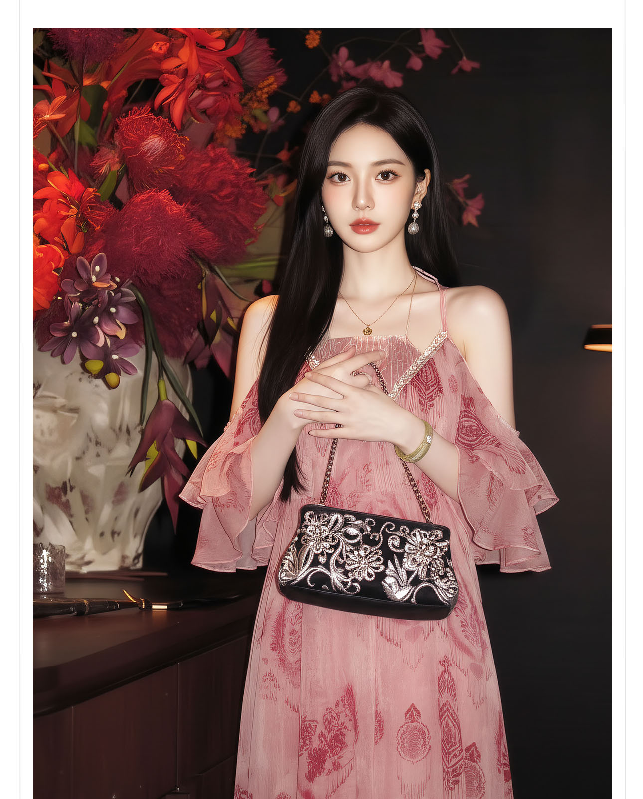 Đầm maxi nữ thắt eo ren cổ yếm phong cách Tây Mễ Á — Bột Lệ, Thuốc lá xanh chi tiết 8