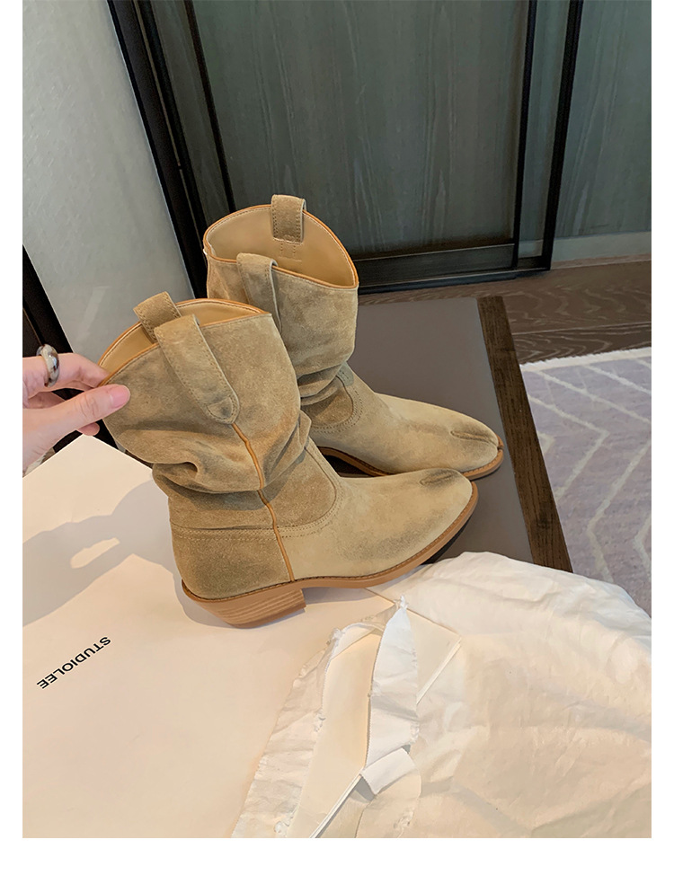 Kurze Westernstiefeletten aus Leder für Damen mit offener Spitze und klobigem Absatz_voghion.com