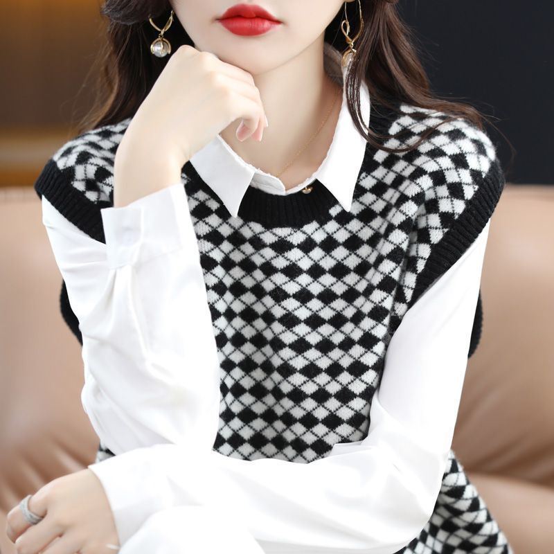【 Obitelj kašmira】 Pleteni prsluk od vune s uzorkom šahovske ploče bez rukava, pulover, svestrani prsluk, top bez rukava_voghion.com