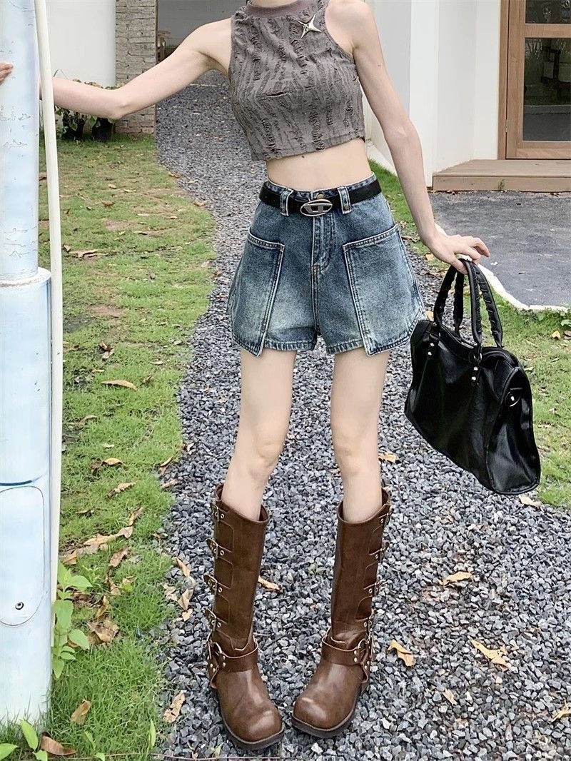 Quần short denim nữ lưng cao túi hộp phong cách vintage ống rộng — Lời bài hát: Blue (No Belt - Pants) chi tiết 5
