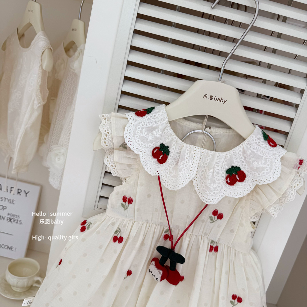 [Le En baby] Vestido de princesa dulce para niña de verano Vestido de cereza con cuello de muñeca de estilo occidental Vestido de chaleco lindo