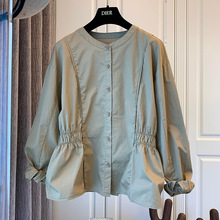 设计感小众法式复古文艺松紧收腰包边门襟对称褶皱棉布衬衫
