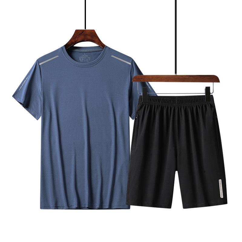 Summer Men's Sports Short-sleeved suit Ice Silk Quick-drying Breathable Solid Color Casual Round Neck T-shirt Sports Shorts 2-piece Set