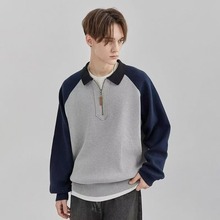 跨男士春秋拼接撞色针织衫时尚翻领休闲毛衣内搭保暖打底衫