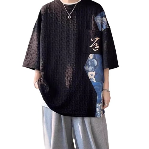 Mandarin Collage T-Shirt for Men - Summer Thin Short Sleeve with Bear Embroidery, 7/8 Sleeve, Round Neck Youth T-Shirt, Trendy Brand