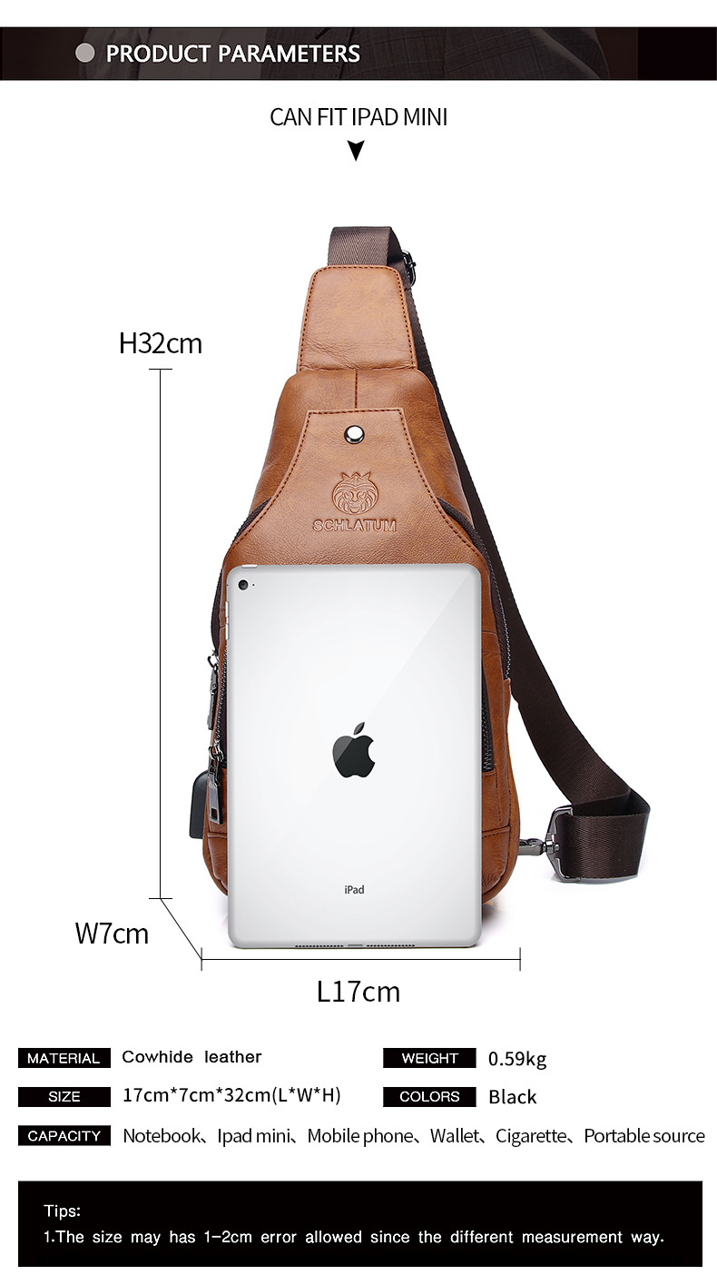 Túi đeo chéo nam da bò thật cổ điển kiểu Âu Mỹ, có cổng sạc USB — Màu đen, Màu nâu vàng chi tiết 14