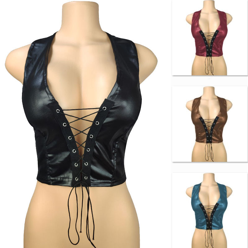 2026 Shopee Cross-Border European and American Style Women's Halter Neck Tie Sexy Hollow Matte Faux Leather Crop Top Imitation Pu Tank Top