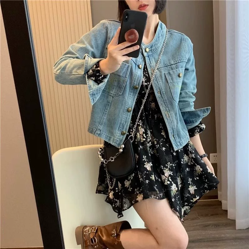 Short denim summer thin retro jacket with a round collar, Korean style