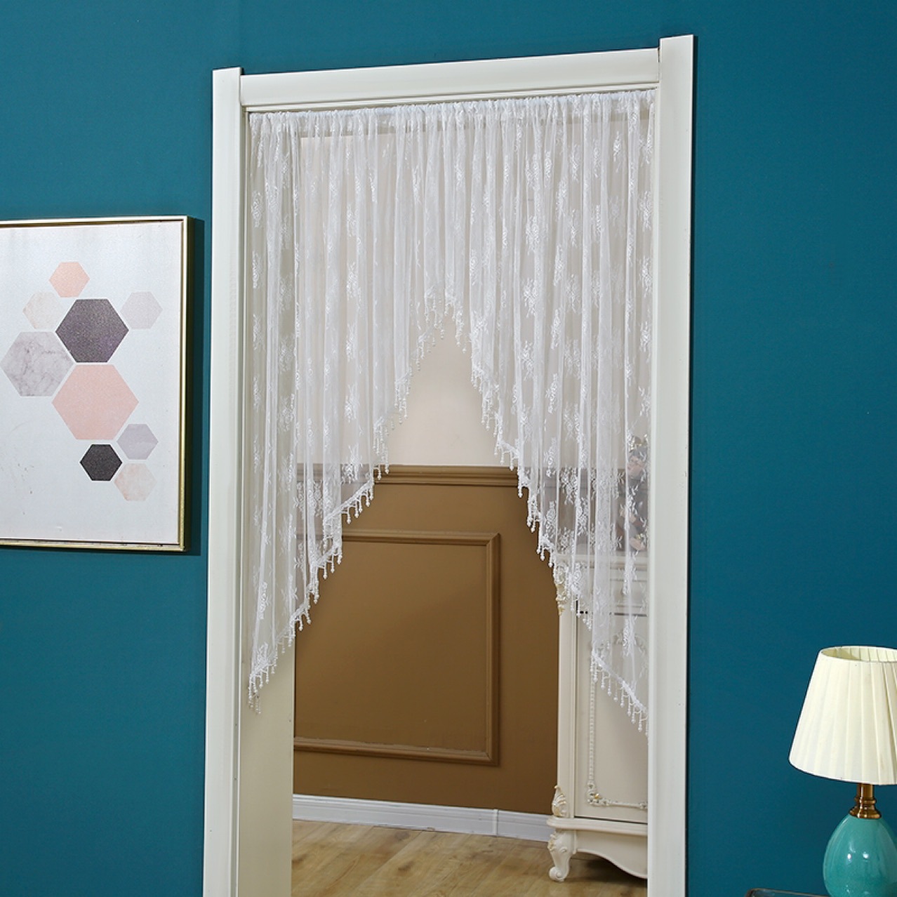 Light Luxury White Gauze Tassel Edge Perforation-Free Installation Partition Door Curtain Gauze Curtain Lace Bedroom Kitchen Partition