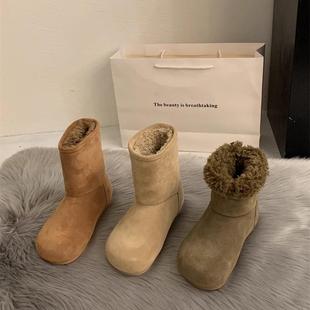 Cowhide version ~ big head ugly adorable fleece-lined snow boots flat-soled furry boots women's Birkennedy boots warm cotton shoes retro short boots