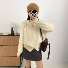 2025秋冬新款韩系简约纯色双拉链针织开衫女宽松显瘦百搭毛衣外套