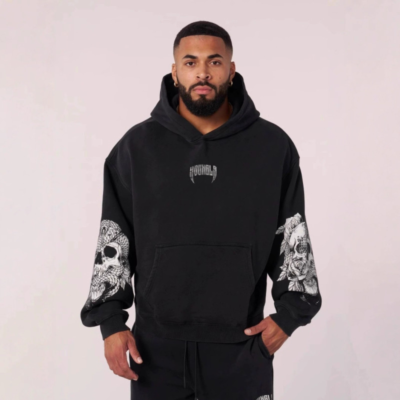 American Trendy Men's Hooded Sweatshirt Autumn and Winter Cotton Large Size Export Fitness Pullover Skull Print Sweatshirt