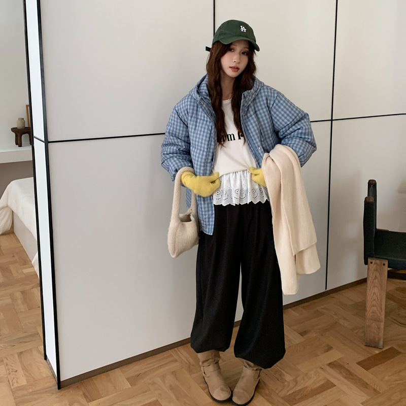 跨境韩版风立领短款棉服女2025秋冬新款休闲蓝色格纹加厚外穿潮|undefined