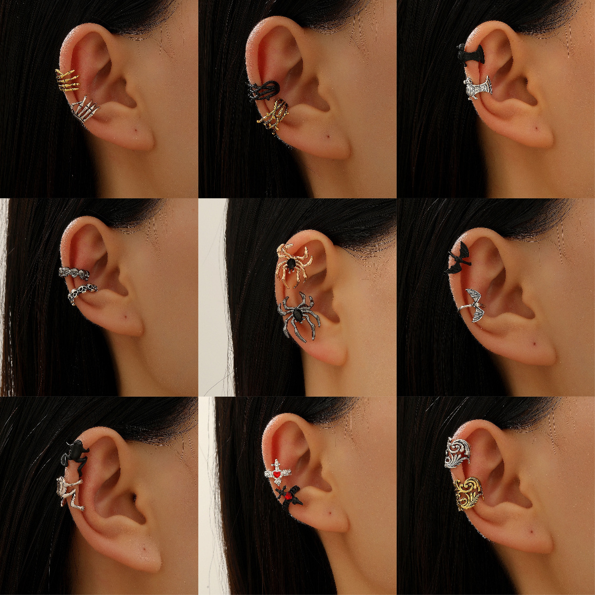 European and American Cross-Border Retro Halloween Gothic Ear Cuffs for Women Without Pierced Ears, Skull, Spider, Ghost Hand Ear Clips, Ear Accessories