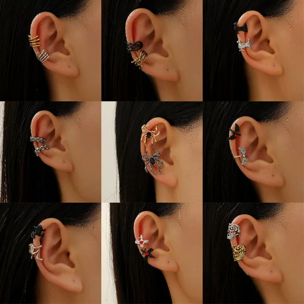 European and American Cross-Border Retro Halloween Gothic Ear Cuffs for Women Without Pierced Ears, Skull, Spider, Ghost Hand Ear Clips, Ear Accessories