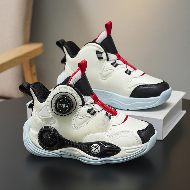 Fabricantes de zapatos de baloncesto de cuero de fondo grueso para niños con botón giratorio al aire libre anti-deslizante zapatillas deportivas frescas nuevas