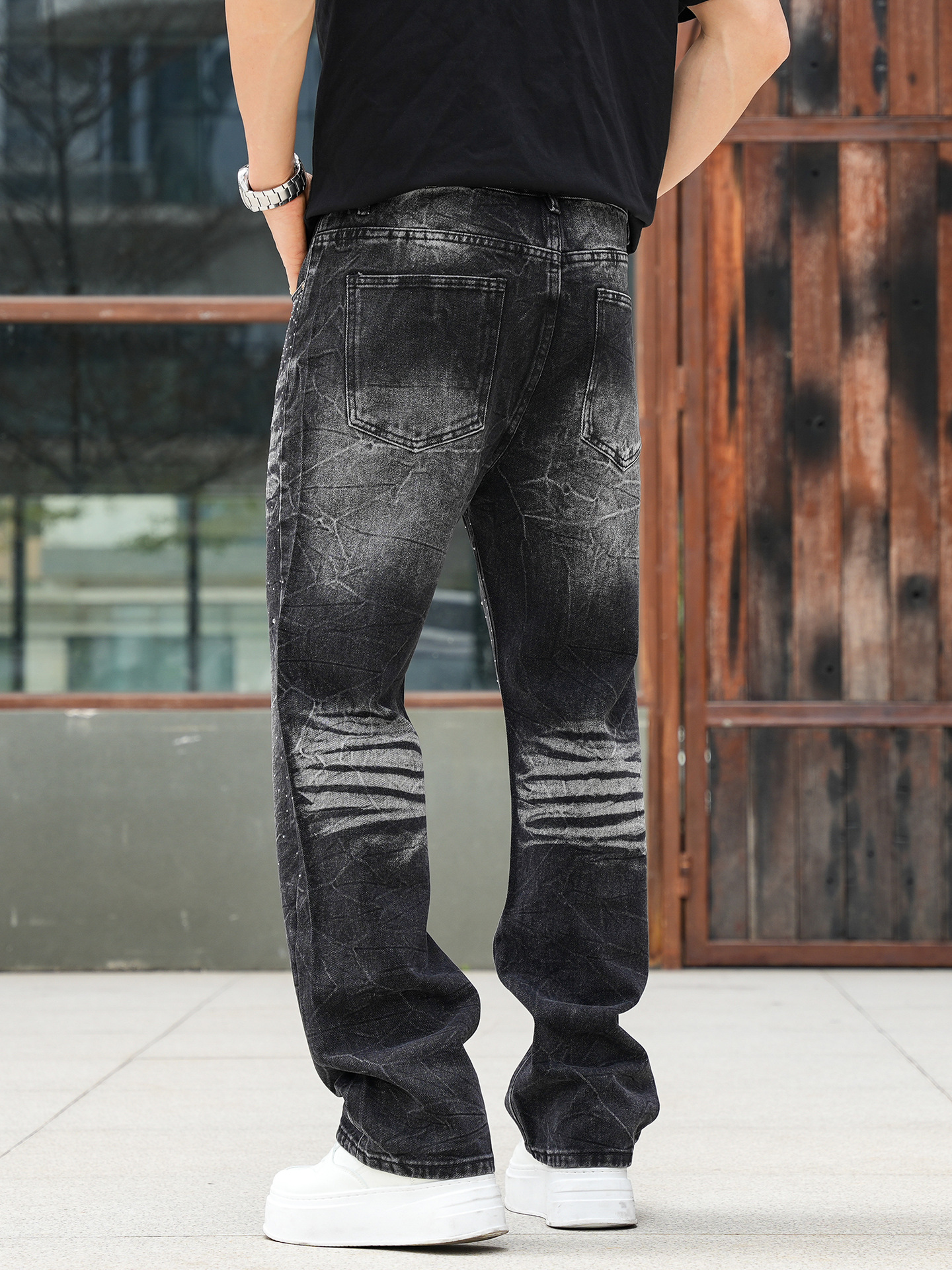 Jeans slim dritti neri effetto consumato da uomo con dettagli in strass - Pantaloni in denim di cotone stile hip hop streetwear per abbigliamento casual_voghion.com