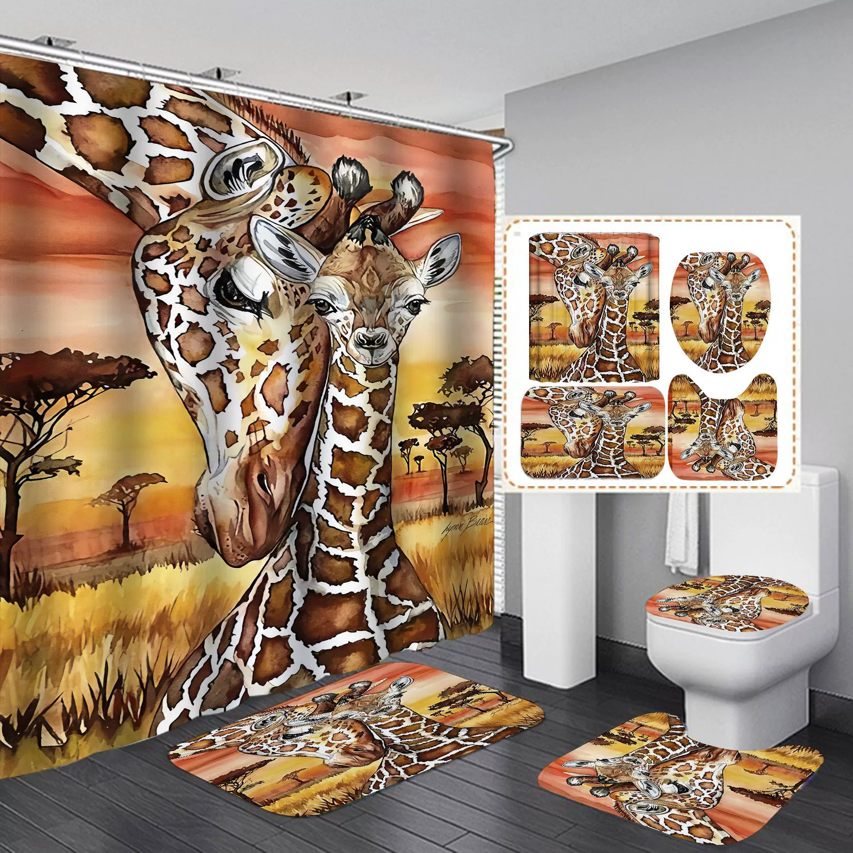 Manufacturer wholesale high-definition shower curtain four-piece set Giraffe waterproof punch-free bathroom partition curtain hotel rain curtain
