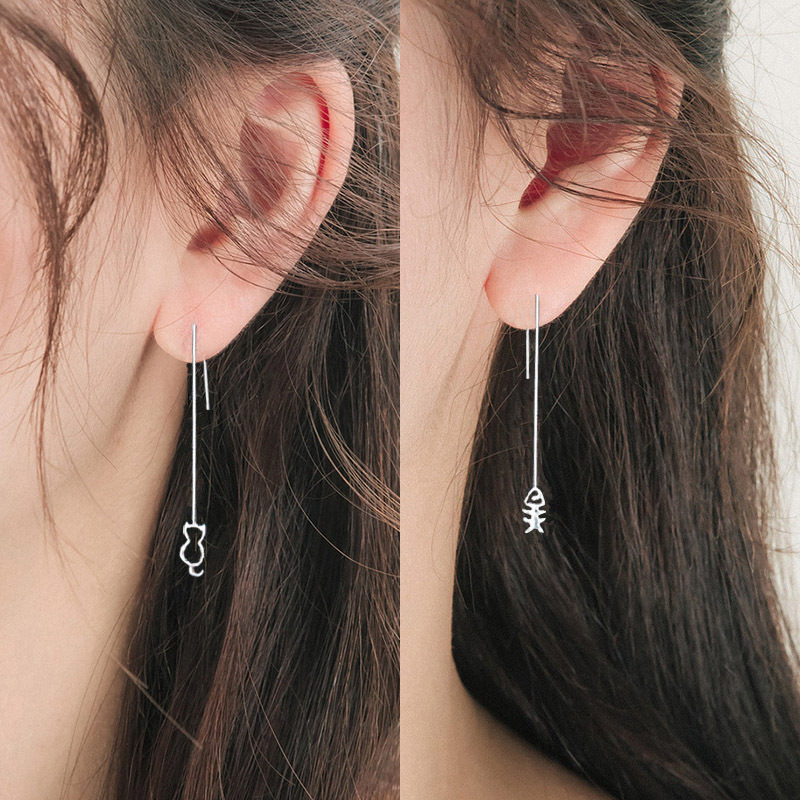 s925纯银耳线 气质长款猫鱼骨头耳线 韩版银饰品 耳饰 黄富波