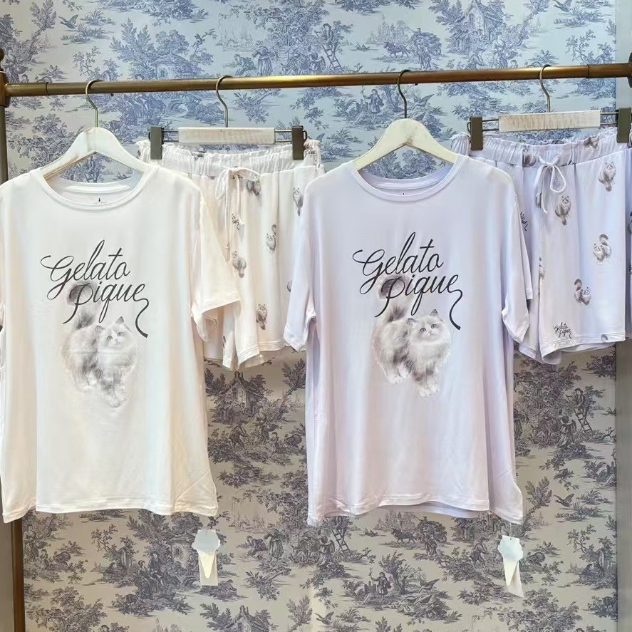25일 부드럽고 귀여운 만화 래그돌 고양이 반팔 반바지 부드럽고 왁시한 캐주얼 잠옷 세트