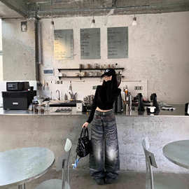 美式复古潮牌水洗多口袋设计弯刀裤子做旧男女牛仔裤拖地宽松长裤