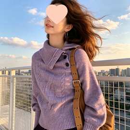 不规则翻领麻花针织衫上衣女2026秋冬新款斗篷蝙蝠袖套头毛衣外穿