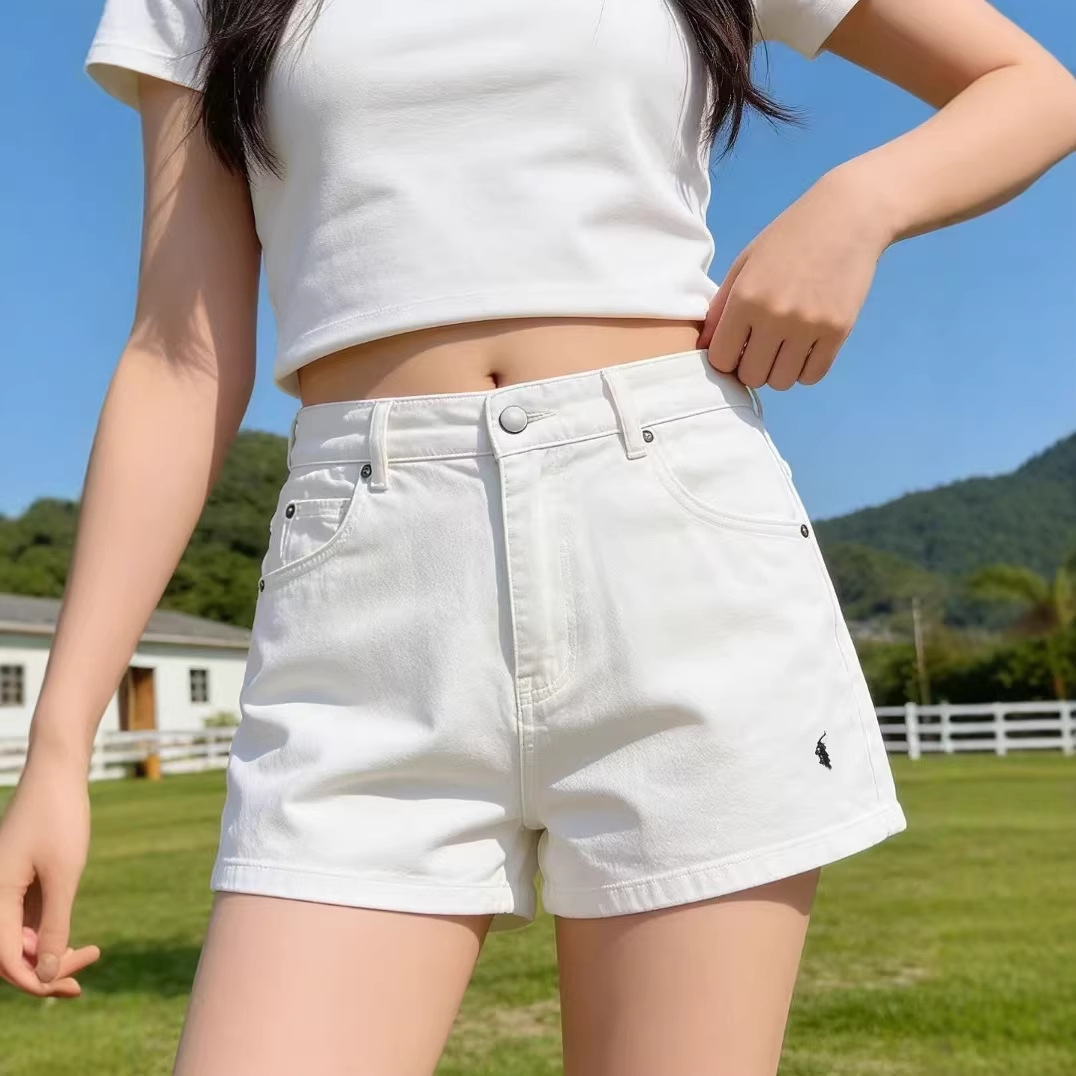 现货高版RL拉夫小马标高腰牛仔短裤女百搭刺绣显瘦显高休闲直筒裤