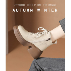 English Style Martin Boots for Women 2023 Autumn/Winter New Arrival Short Boots with Thick Sole Genuine Leather Round Toe In-Heeled Laced Ankle Boots for Women