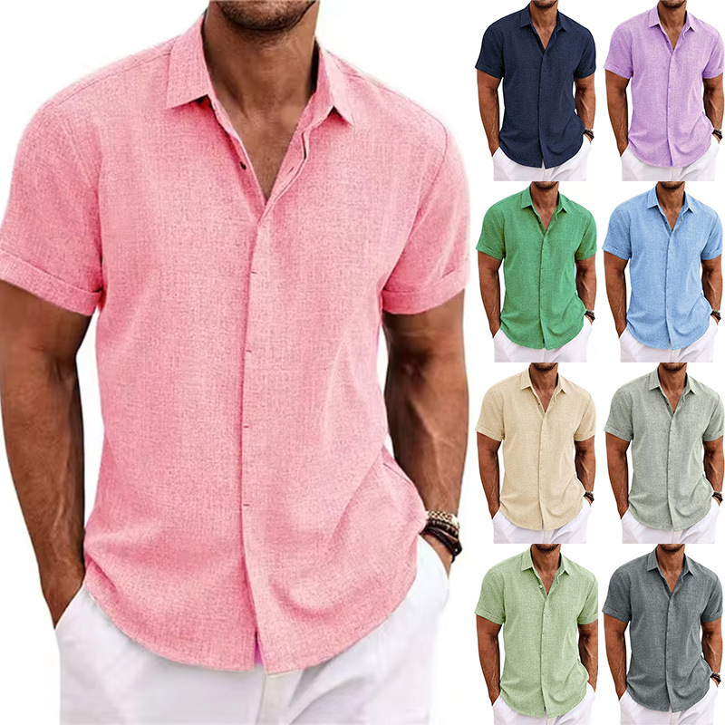 Men's Linen Short-sleeved T-shirt Loose T-shirt Solid Color Short-sleeved Cotton Linen Shirt Men's Beach plus size Men's Short-sleeved Shirt