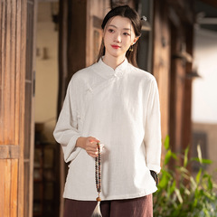 25 秋の綿とリネンの中国風の女性のレトロなスタンドアップカラーの綿とリネンのボタン付きトップシャツ女性のリネンサンドウォッシュ瞑想茶服