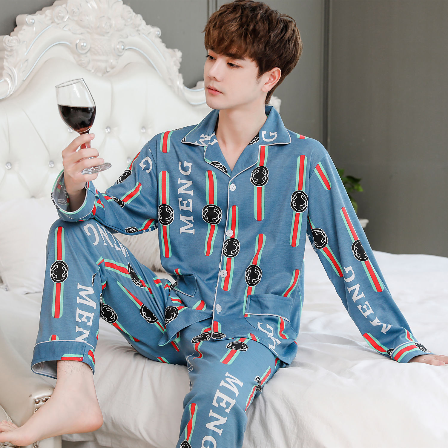 男士睡衣春秋100%纯棉长袖长裤开衫青中年家居服套装老年人