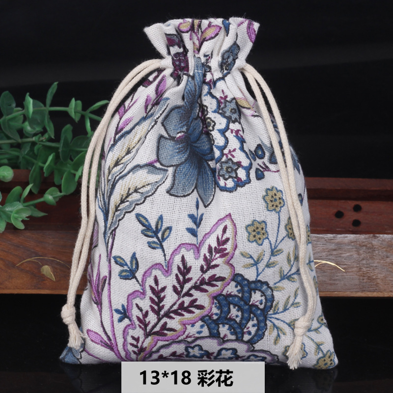 Ventas calientes de impresión de paquetes de cuerda de dibujo bolsas de impresión logotipo de lino bolsa de tela para el medio ambiente bolsa de almacenamiento de artículos 13 * 18