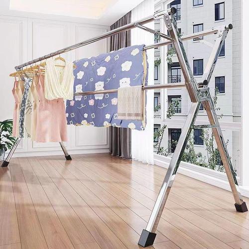 Stainless steel floor-standing clothes drying rack thickened telescopic folding stall shelf indoor and outdoor clothes drying bar double pole artifact wholesale