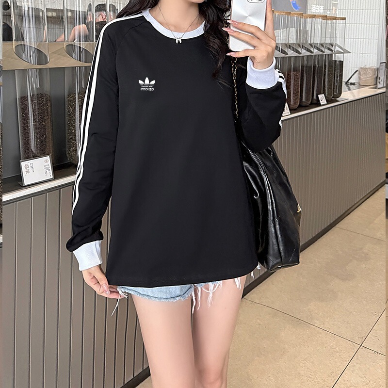Three Stripes T-Shirt Similar to Jennie's Style, Unisex Round Neck Couple's Long-Sleeve T-Shirt, Spring and Autumn Sweatshirt, Loose Fit, Pure Cotton Three Stripes T-Shirt Similar to Jennie's Style, Unisex Round Neck Couple's Long-Sleeve T-Shirt, Spring and Autumn Sweatshirt, Loose Fit, Pure Cotton