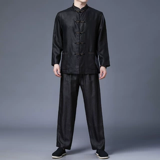 100%桑蚕丝套装重磅香云纱男士新款真丝上衣春季男裤中式唐装外套