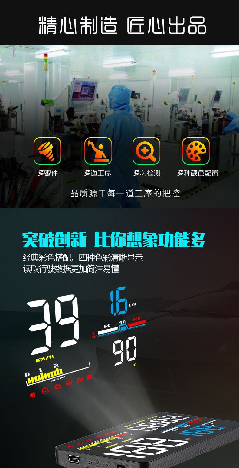 Car Hud Head-Up Display, Car Obd Multi-Function Speedometer, Water Temperature, Fuel Consumption, Rpm Dashboard, High-Definition Projection