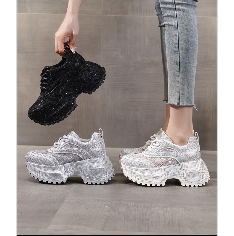 Giày sneaker nữ đế dày lưới thoáng khí đính đá full kim cương — Màu đen chi tiết 16