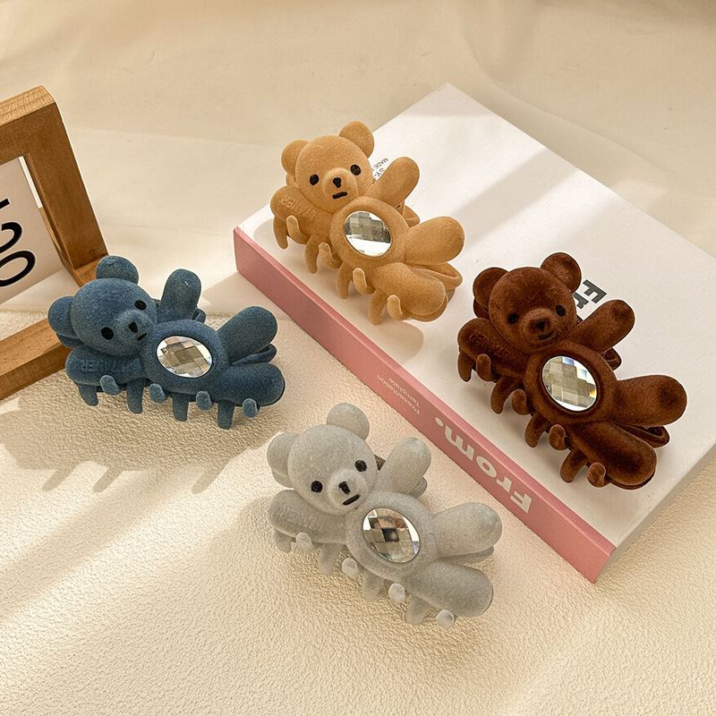 Autumn and winter new cute flocking waving bear hair clip high color value rhinestone dish hair shark clip valentine's day hair accessories for women