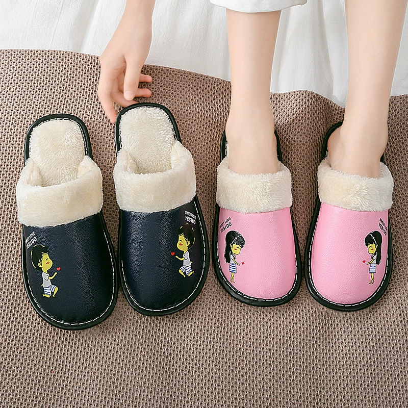 Симпатичные хлопковые тапочки из искусственной кожи, женские зимние Нескользящие домашние непромокаемые утолщенные теплые хлопковые тапочки для пар на толстой подошве для мужчин
