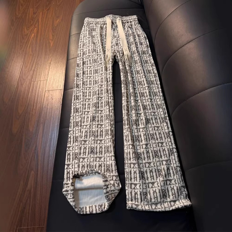 Plaid Sweatpants Men's Casual Pants Loose Straight Drawstring Drapey Long Pants Trendy Geometric Pattern Versatile Lazy Style