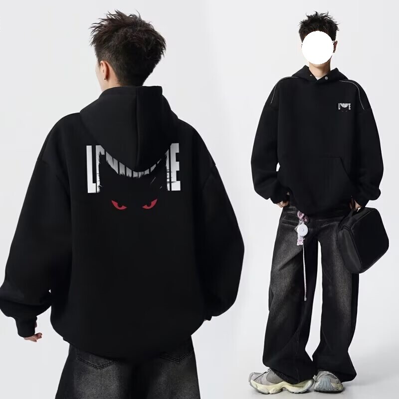 Black Devil Cat Print Hooded Sweatshirt Men's Autumn American Heavyweight Shoulder Top Relaxed Bottoming Shirt Black Devil Cat Print Hooded Sweatshirt Men's Autumn American Heavyweight Shoulder Top Relaxed Bottoming Shirt