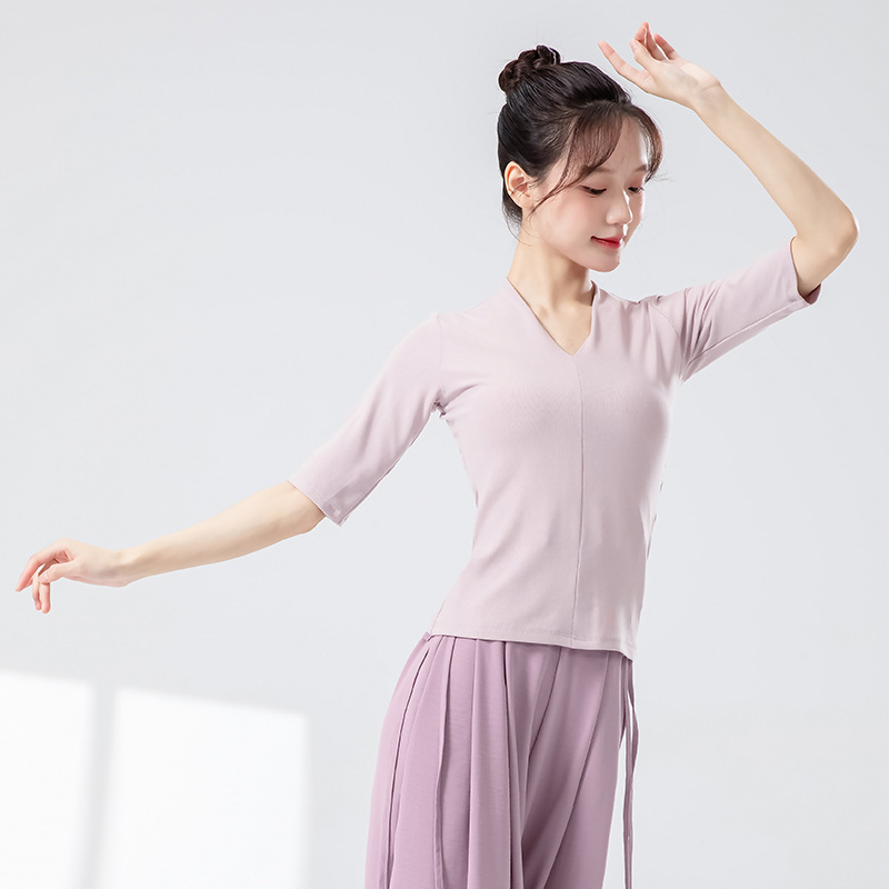 モダンダンス練習着 女性用 新型 Vネック スリムフィット 半袖ニットトップス 中国舞踊 日常体操 ダンスウェア|undefined