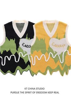 American Style Trendy Brand Love V-neck Sweater Vest for Men and Women Spring and Autumn New Irregular Niche Design Knitted Vest