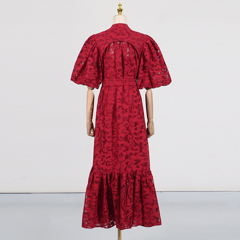Retro Design Maxi Dress Spring Summer Single Breasted Printed Lace up Short Sleeve Long Pattern Dress Women