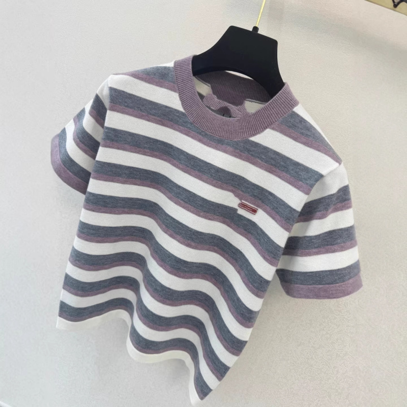 26 Early Spring New Style Nanyou High-End Prada Simple Casual Versatile Color-Block Striped Ribbed Short Sleeves