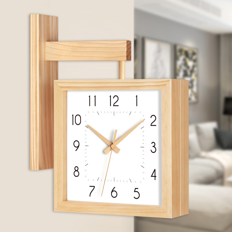 Nordic Square Hanging Watch Living Room Household Creative Double-sided Wall Clock Modern Simple Double-sided Clock Solid Wood Silent Clock