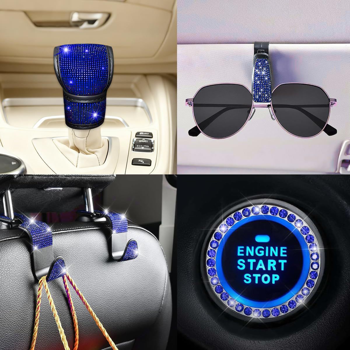 11-Piece Car Interior Set with Diamond-Encrusted Steering Wheel Cover, Car Hook, Glasses Holder, One-Touch Start Ring
