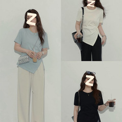 大きいサイズの太ったmm200斤の半袖のゆったりした丸首の正肩のtシャツの女性の新型の初秋の修身はやせていることが見えます。