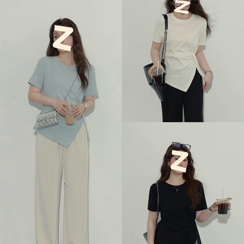 大きいサイズの太ったmm200斤の半袖のゆったりした丸首の正肩のtシャツの女性の新型の初秋の修身はやせていることが見えます。|undefined